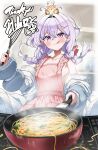  1girl :q absurdres animal_on_head apron blue_bow blush bow braid collarbone commentary_request commission cooking crossed_bangs food food-themed_hair_ornament hair_between_eyes hair_bow hair_ornament hariyama_ron highres holding holding_spatula indie_virtual_youtuber noodles on_head pink_apron purple_eyes purple_hair skeb_commission spatula sui_hi_sf thank_you tongue tongue_out virtual_youtuber 