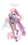  1girl absurdres bikini black_bikini black_sandals black_sleeves blue_archive blunt_bangs blush breasts brown_eyes choker commentary_request double_bun full_body grin hair_bun halo highres holding holding_swim_ring hone_(hone_art) korean_commentary long_hair looking_at_viewer low_wings medium_breasts mika_(blue_archive) navel pink_hair pink_halo sandals shirt simple_background smile solo swim_ring swimsuit thighs twintails very_long_hair white_background white_shirt white_wings wings 