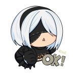  1girl 2b_(nier:automata) black_gloves black_hairband blindfold chibi chibi_only cleavage_cutout clothing_cutout covered_eyes feather-trimmed_sleeves gloves hairband mole mole_under_mouth nier:automata nier_(series) portrait puffy_sleeves rave_vii short_hair signature solo thumbs_up triangle_mouth 