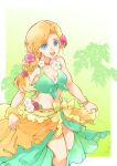  1girl bare_shoulders bianca_(dq5) bikini blonde_hair blue_eyes border braid breasts cleavage commentary_request cowboy_shot dragon_quest dragon_quest_v feet_out_of_frame flower gold_bangle green_background green_bikini green_skirt hair_flower hair_ornament hibiscus isa_(chiyo-s) jewelry long_hair medium_breasts midriff neck_ring open_mouth orange_skirt parted_bangs pink_flower sarong scrunchie single_braid skirt smile solo swimsuit white_border white_flower wrist_scrunchie 