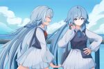  2girls alternate_breast_size_(larger) bag blue_eyes blue_sky blue_vest breasts chinese_commentary commentary_request fu_hua grey_hair herrscher_of_sentience highres holding holding_bag honkai_(series) honkai_impact_3rd konghai_umi long_hair medium_breasts multiple_girls ocean open_mouth skirt sky smile very_long_hair vest white_skirt 