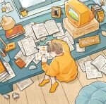  1boy absurdly_detailed_composition aoicancerius book book_stack commentary computer crt curled_up desk desk_lamp elbow_on_table eraser faux_retro_artstyle highres homework lamp loaded_interior math notebook open_book orange_theme original pencil pencil_case photo_(object) retro_artstyle sleeping slice_of_life studying sweater table textbook writing 