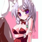  animal_ears blue_eyes bow bowtie braid breasts bunny_ears bunnysuit cleavage izayoi_sakuya large_breasts miuku_(marine_sapphire) pantyhose ribbon silver_hair solo touhou twin_braids wrist_cuffs 