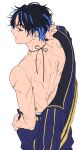  1boy belt black_hair blue_hair blue_jacket blue_pants commentary_request highres inukai_yuto jacket male_focus multicolored_hair multiple_scars pants paradox_live red_eyes scar scar_on_chest tobako toned toned_male topless_male two-tone_hair white_background yellow_belt 