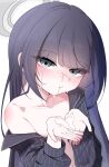  1girl absurdres black_hair black_pajamas blue_archive closed_mouth collarbone commentary_request cum cum_in_mouth cum_on_body cum_on_hands cumdrip facial flat_chest grey_eyes halo highres kisaki_(blue_archive) korean_commentary light_blush long_hair looking_at_viewer open_hands pajamas pol060 shoulder_blush simple_background single_bare_shoulder single_off_shoulder solo upper_body very_long_hair white_background white_halo 