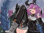  arknights arknights:_endfield black_gloves black_horns black_overskirt boots commentary detached_sleeves dragon_tail english_commentary fake_horns framed_breasts gloves hairband highres horn_hairband horns long_hair overskirt pdozip pink_eyes purple_hair purple_horns tail typhoeus_(arknights) typhon_(arknights) very_long_hair white_boots 