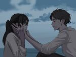  1boy 1girl black_hair black_pants brown_hair cloud cloudy_sky couple eren_yeager green_eyes grey_eyes hair_between_eyes hands_on_another's_cheeks hands_on_another's_face hetero highres holding_hands kana_cat light_blush looking_at_another mikasa_ackerman ocean outdoors pants parted_bangs ponytail scar scar_on_cheek scar_on_face shingeki_no_kyojin shirt short_hair sitting sky upper_body white_shirt 