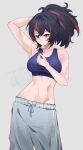  1girl absurdres alternate_costume armpits black_hair blue_sports_bra breasts commentary grey_background grey_pants hair_tie highres holding holding_hair_tie large_breasts multicolored_hair navel pants ponytail red_eyes red_streaks solo sports_bra sshooooe stomach streaked_hair sweat toned toned_female tying_hair zenless_zone_zero zhu_yuan 