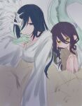  2girls absurdres aged_down azami_(watatabe) blue_eyes blue_hair colored_skin commentary_request covered_eyes green_skin highres long_hair moatototototo05 multicolored_skin multiple_girls one_eye_covered oumi_shiori oumi_shiori_(mermaid) purple_hair robe watashi_wo_tabetai_hitodenashi white_robe white_skin yellow_eyes 