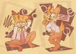 2026 3_toes 4_fingers accessory anthro atari barefoot blue_eyes bobcat bubsy_(series) bubsy_4d bubsy_bobcat chest_tuft claws clothing detailed_background dialogue dotted_background english_text fangs feet felid feline fingers fluffy fluffy_tail fur grimbogrim hair hand_on_hip hands_behind_back hi_res inner_ear_fluff jacket lynx male mammal mischievous_smile multicolored_body multicolored_fur multicolored_hair necktie open_mouth open_smile orange_body orange_fur pattern_background paws plantigrade pose red_necktie signature simple_background sitting sitting_on_ground smile soles solo tail teeth text toe_claws toes topwear tuft two_tone_body two_tone_fur two_tone_hair white_clothing white_jacket white_topwear wounded yellow_background