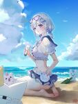  1girl absurdres arnyang_(ayatsuno_yuni) ass ayatsuno_yuni barefoot beach bikini bikini_skirt blue_sky bottle bow breasts cloud commentary creature day eyewear_on_head feet fingernails from_side full_body glass_bottle grey_hair grey_sailor_collar hair_bow heart heart-shaped_eyewear highres holding holding_bottle horizon looking_at_viewer looking_to_the_side low_twintails medium_breasts medium_hair nail_polish ocean outdoors parted_lips purple_eyes purple_nails sailor_bikini sailor_collar sand seiza sitting sky soles solo squeeze_bottle stellive sweatdrop swimsuit toes turning_head twintails uuxx_xaa virtual_youtuber white_bikini 