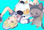  1boy animal animal_on_stomach baseball_cap black_gloves black_hat blue_background blurry blurry_foreground closed_eyes collared_shirt commentary_request fingerless_gloves finlay_(puyopuyo) gloves green_hair hat highres horns looking_at_viewer lying male_focus necktie on_back puyopuyo puyopuyo_quest red_necktie sheep sheep_horns shirt short_hair short_sleeves simple_background sleeping_animal socks star_(symbol) stuffed_animal stuffed_cat stuffed_toy suspenders urolo white_shirt white_socks 