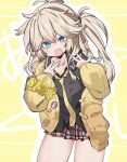  1girl bandaid black_shirt blonde_hair blue_eyes blue_nails blush cardigan collared_shirt commentary_request cowboy_shot double_w fang fingernails highres jewelry kasukabe_tsumugi leaning_forward long_hair long_sleeves looking_at_viewer magatama magatama_necklace miniskirt mountainyowa necklace necktie one_side_up open_cardigan open_clothes open_mouth plaid_clothes plaid_skirt purple_skirt shiny_skin shirt skirt solo thighs voicevox w wavy_hair yellow_background yellow_cardigan yellow_necktie 