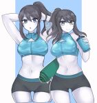  2girls :o adjusting_hair armpits arms_behind_head arms_up ass_visible_through_thighs bare_arms bare_shoulders bike_shorts black_shorts blue_sports_bra blush bottle breasts cleavage_cutout closed_mouth clothing_cutout colored_skin commentary cowboy_shot crop_top cropped_legs drink grey_eyes grey_hair hair_between_eyes hand_up highres holding holding_bottle holding_drink large_breasts latex long_hair looking_at_viewer luci_(purrlucii) medium_breasts metroid midriff mole mole_under_mouth multiple_girls navel open_mouth pale_skin ponytail samus_aran shiny_clothes short_shorts shorts sidelocks sleeveless smile solo sports_bra stomach thighs water_bottle white_skin wii_fit wii_fit_trainer_(female) yoga_mat 