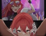  1boy 1girl 4fkdgodydydy :d ;d black_shirt black_survival blush character_request cheek_bulge commentary_request concert cum cum_in_mouth cum_in_nose dashed_eyes ejaculation eternal_return:_black_survival fang fellatio fingerless_gloves gloves glowstick hair_between_eyes hair_intakes hand_on_another's_thigh heart highres idol korean_commentary long_hair looking_at_viewer nose_blush one_eye_closed oral out-of-frame_censoring penlight_(glowstick) pov pov_crotch red_eyes red_hair shirt smile spoken_heart spread_legs tearing_up television 