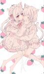  2girls animal_ears blush bow bowtie cardigan cat_ears cat_girl check_copyright closed_eyes commentary copyright_request full_body highres hug ichiya_refi maid maid_headdress miniskirt multiple_girls no_shoes open_cardigan open_clothes orange_eyes original red_bow red_bowtie sitting skirt smile socks tail thighhighs untranslatable_commentary white_cardigan white_hair white_skirt white_socks white_thighhighs 
