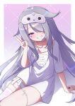  1girl absurdres arm_support banteu blush border chest_jewel choker collarbone colored_inner_hair commentary english_commentary english_text flat_chest gem grey_hair grin hair_over_one_eye half-closed_eye head_tilt highres hololive hololive_english jewel_under_eye koseki_bijou koseki_bijou_(pebble_pajamas) long_hair looking_at_viewer multicolored_hair official_alternate_costume on_floor pink_hair purple_eyes purple_hair raised_eyebrows shirt sitting sleep_mask smile solo striped_clothes striped_thighhighs thighhighs v very_long_hair virtual_youtuber white_border white_choker white_shirt 