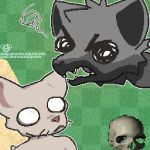 1:1 angry anthro blue_eyes bone canny_cat canny_cat_(meme) digital_drawing_(artwork) digital_media_(artwork) domestic_cat duo felid feline felis fur green_eyes heterochromia looking_at_another male mammal monochrome_body nekomac pixel_(artwork) rotating_skull_(meme) screencap screencap_background shocked skull spiral spiral_eyes uncanny_cat uncanny_cat_(meme) uncanny_cat_golf_(video_game) watermark white_eyes