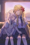  2girls absurdres black_skirt blonde_hair bow closed_eyes double-parted_bangs hair_flaps highres hololive hololive_english hololive_indonesia jewel_under_eye kaela_kovalskia koseki_bijou leaning_on_person leaning_to_the_side long_hair multiple_girls necktie parted_bangs pleated_skirt purple_hair red_bow ricke_2002 school_uniform shirt short_sleeves sitting skirt sleeping sweater_vest train_interior very_long_hair virtual_youtuber white_shirt 