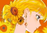  1girl artist_name blonde_hair blue_eyes blunt_bangs commentary earrings expressionless floral_background flower from_side hair_bun hair_flower hair_ornament head_tilt jewelry looking_ahead loose_hair_strand orange_background original parted_lips portrait short_hair signature single_hair_bun solo sunflower sunflower_hair_ornament umishima_senbon untranslatable_commentary 