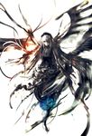  abstract arms_at_sides asymmetrical_wings black_dress black_wings blue_flower blue_rose closed_mouth cross-laced_clothes dress explosion expressionless flower frills hair_over_one_eye hairband holding iori_yakatabako long_hair long_sleeves looking_at_viewer one_eye_covered rose rozen_maiden silver_hair simple_background solo suigintou white_background white_skin wings 