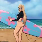  ass bare_legs beach bikini bikini_bottom_only blonde_hair breasts crop_top cropped_shirt green_eyes highres long_hair mrpotatoparty nessa_(mrpotatoparty) ocean original patreon_username pink_nails red_lips sand shirt sunglasses surfboard swimsuit underboob v water white_bikini 