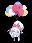  1girl 25omega25 absurdres back_bow balloon bat_wings black_background blue_hair bow chibi chibi_only floating hat hat_ribbon highres mob_cap red_bow red_eyes remilia_scarlet ribbon shirt simple_background single_wrist_cuff skirt skirt_set solo touhou white_hat white_shirt white_skirt wings wrist_cuffs 
