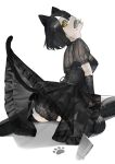  1girl animal_ears arched_back blood blood_on_mouth boots cat_ears cat_girl cat_tail clothes_lift commentary corset elbow_gloves fish fish_in_mouth frilled_skirt frills from_behind gloves goth_fashion hair_over_one_eye knife lace lace_panties leather leather_boots looking_at_viewer mesh_skirt mi8pq original pale_skin panties paw_print planted planted_knife platform_boots see-through_clothes see-through_sleeves short_hair single_thighhigh sitting skirt skirt_lift slit_pupils solo tail tail_raised thighhighs underwear untranslatable_commentary wariza white_background yellow_eyes 