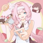  2girls :o ;o black_skirt blue_eyes breasts cake chinese_commentary chocolate_cake commentary_request eden_(honkai_impact) elf elysia_(golden_courtyard)_(honkai_impact) elysia_(honkai_impact) feeding_viewer food fork fruit hairband highres holding holding_fork holding_plate honkai_(series) honkai_impact_3rd konghai_umi large_breasts long_hair looking_at_viewer multiple_girls official_alternate_costume one_eye_closed pink_hair plate pointy_ears shirt skirt solo_focus strawberry swiss_roll two-tone_background very_long_hair white_hairband white_shirt 