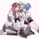  3girls absurdres black_gloves blue_hair bridal_gauntlets brown_hair chain commentary_request covering_another's_mouth d.mon_(overwatch) d.va_(overwatch) detached_sleeves eyewear_on_head facial_mark fff_threesome fingering fingerless_gloves full_body gloves green_hair group_sex highres kira-kira_kiriko kiriko_(overwatch) le_sserafim looking_at_viewer midriff multiple_girls nail_polish one_eye_closed open_mouth overwatch short_hair simple_background sitting smile tearing_up threesome tinted_eyewear whisker_markings white_background wo_dou_gao_shi'er_shennu yuri 