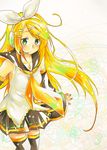  alternate_hairstyle ama_(pixiv) blonde_hair detached_sleeves green_eyes kagamine_rin long_hair older solo thighhighs vocaloid zettai_ryouiki 