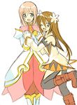  artist_request blue_eyes boots brown_hair crossover estellise_sidos_heurassein flower gloves hair_ornament knee_boots long_hair lowres marta_lualdi multiple_girls one_eye_closed pink_hair short_hair tales_of_(series) tales_of_symphonia tales_of_symphonia_knight_of_ratatosk tales_of_vesperia 