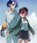  1boy 1girl amate_yuzuriha aqua_eyes bag baseball_cap blue_hair breasts closed_mouth colored_inner_hair commentary conch_(gundam) gloves gundam gundam_gquuuuuux hat highres jacket long_sleeves multicolored_hair non-humanoid_robot o6nuqm open_mouth pants purple_hair red_eyes red_hair robot shirt short_hair shorts shuji_ito smile two-tone_hair white_shirt 
