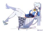  1girl absurdres ascot bare_shoulders blue_dress breasts center_opening cleavage cleavage_cutout clothing_cutout commentary cup dress earrings from_side grey_hair grey_shoes hand_on_own_cheek hand_on_own_face high_heels highres in_container in_cup jewelry large_breasts long_hair looking_at_viewer lying plate pointy_ears purple_eyes shoes shoulder_cutout simple_background smile solo striped_clothes striped_thighhighs teacup thighhighs tony_maverick untranslatable_commentary velina_airgid white_background white_thighhighs yellow_ascot zenless_zone_zero 