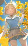  1girl absurdres animal_ears belt blonde_hair blue_shorts blue_sky blush breasts casual commentary_request cup ear_covers hat highres holding holding_cup horse_ears horse_girl horse_tail large_breasts long_sleeves narita_top_road_(casual)_(umamusume) narita_top_road_(umamusume) outdoors shirt short_hair shorts shorts_under_skirt single_ear_cover skirt sky tail umamusume unworn_hat unworn_headwear yin_lan- 