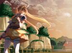  1girl 2026 ahoge armor artist_name belt bo_staff brown_belt brown_gloves brown_hair cliff closed_mouth clothes_lift cloud commentary_request cropped_jacket dated double-parted_bangs eiyuu_densetsu estelle_bright fingerless_gloves floating_hair gloves gradient_sky grass hair_between_eyes hair_intakes harmonica highres holding holding_instrument holding_staff holding_weapon house instrument jacket leather_belt long_hair open_clothes open_jacket orange_skirt outdoors partially_shaded_face pauldrons red_eyes shimakusa_arou shoulder_armor sidelocks single_pauldron skirt skirt_lift sky solo sora_no_kiseki staff sunset thighhighs tree twintails twitter_username upper_body very_long_hair watermark weapon white_thighhighs wind 