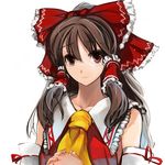  ascot bare_shoulders bow brown_eyes brown_hair detached_sleeves face hair_bow hair_tubes hakurei_reimu hands hands_clasped light_smile long_hair looking_at_viewer own_hands_together pupps red_eyes shirt shy smile solo touhou upper_body white_background 
