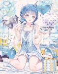  1girl :d balloon bare_shoulders birthday birthday_cake black_ribbon black_shoes blue_dress blue_eyes blue_hair blue_nails box braid braided_twintails bubble cake cardigan cardigan_partially_removed character_name cherry collarbone commentary company_name confetti copyright_notice dress floral_print floral_print_dress food fruit gift gift_box hair_ornament hairclip happy_birthday heart heart_balloon holding holding_plate jewelry kokonami_iruka kokonami_iruka_(1st_costume) loafers long_sleeves looking_at_viewer misumi_(macaroni) mole mole_under_mouth nail_polish necklace nijisanji off_shoulder official_art open_cardigan open_clothes open_mouth pearl_necklace plate print_dress ribbon sample_watermark shoes short_hair sitting sleeveless sleeveless_dress sleeves_past_wrists smile socks solo stuffed_toy virtual_youtuber wariza watermark white_shoes white_socks yellow_cardigan 