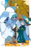  1girl 2boys autumn_leaves blue_hair broom brother_and_sister cape capelet closed_eyes commentary_request covered_eyes crescent crescent_hat_ornament day facing_another floating ghost ghost_costume ghost_girl ghost_pose ghost_tail green_cape green_capelet green_hair green_hat green_jacket green_pants green_shoes grey_hair hair_over_eyes hair_over_one_eye hat hat_ornament holding holding_broom hood hood_up hooded_capelet jacket leaf lemres_(puyopuyo) looking_at_another multiple_boys one_eye_covered open_mouth orange_hat outdoors pants parted_lips puyopuyo puyopuyo_quest rei_(puyopuyo) robe shoes short_hair siblings smile standing tree two-sided_fabric two-sided_headwear urolo white_capelet white_robe witch_hat yu_(puyopuyo) 