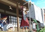  4girls ascot bird blonde_hair blue_skirt bow braid brown_eyes brown_hair brown_horns carpet_beater closed_mouth commentary_request cuffs curly_hair day detached_sleeves frilled_bow frilled_hair_tubes frills futon green_eyes green_hair hair_bow hair_tubes hakurei_reimu hakurei_shrine horns ibuki_suika inuno_rakugaki kirisame_marisa komainu_girl komano_aunn laundry laundry_pole lens_flare life_at_the_hakurei_shrine_(touhou) long_hair missing_headwear multiple_girls non-circular_lens_flare oni red_bow red_shirt red_skirt ribbon-trimmed_skirt ribbon-trimmed_sleeves ribbon_trim shackles shirt short_sleeves shorts shouji side_braid single_braid single_horn skirt skirt_set slice_of_life sliding_doors smile sparrow touhou white_bow white_shirt white_shorts yellow_ascot 