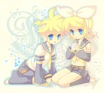  1girl bad_id bad_pixiv_id blonde_hair blue_eyes bow brother_and_sister detached_sleeves headset kagamine_len kagamine_rin midriff musical_note navel shorts siblings sokomushi twins vocaloid 