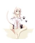  animal_ears bare_shoulders barefoot bike_shorts brown_eyes cat_ears copyright_request feet flat_chest paw_print satomi solo tail 