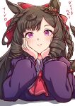  1girl absurdres animal_ears ascot bib_collar blush bow braid brown_hair closed_mouth commentary_request daiichi_ruby_(brilliant_red_gemstone)_(umamusume) daiichi_ruby_(umamusume) dress drill_hair drill_sidelocks ear_flower hair_bow hair_ornament hands_on_own_cheeks hands_on_own_face highres horse_ears horse_girl long_hair long_sleeves looking_at_viewer puffy_sleeves purple_dress purple_eyes red_ascot side_drill sidelocks smile solo suzuneiroekaki umamusume 