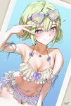  1girl absurdres ahoge arm_at_side artist_name bikini blue_background blush bow bow_bikini breasts closed_mouth commentary_request dated frilled_bikini frills goggles goggles_on_head green_eyes green_hair hair_ornament hair_up hand_up heart heart-shaped_eyewear highres jewelry kitsune_hero korean_commentary large_breasts multicolored_eyes navel necklace purple_eyes simple_background smile solo standing star_(symbol) star_hair_ornament stellive stomach swim_goggles swimsuit two-tone_eyes v v_over_eye virtual_youtuber white_bikini yuzuha_riko 