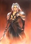  bad_id bad_pixiv_id final_fantasy final_fantasy_vii fire male_focus sephiroth silver_hair solo sword takemori_shintarou weapon 