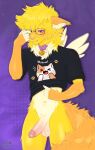 anthro balls bell bell_collar big_tail clothing collar domestic_cat erection eyewear felid feline felis fluffy fluffy_tail fur genitals glasses hair hi_res hotaru_homura humanoid_genitalia humanoid_penis male mammal morning morning_wood nalu_suncat nude orange_body orange_fur penile penis purple_eyes shirt simple_background solo t-shirt tail tired topwear wings yellow_body yellow_fur