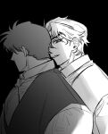  2boys black_background collared_shirt commentary_request dio_brando ear_birthmark facing_away greyscale jojo_no_kimyou_na_bouken jonathan_joestar korean_commentary looking_at_another male_focus monochrome multiple_boys ne_jjojjo necktie phantom_blood red_eyes shirt short_hair simple_background spot_color suit upper_body vest 