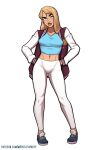  blonde_hair blue_skirt breasts commentary crop_top cropped_shirt english_commentary green_eyes hair_behind_ear hands_on_own_hips highres jacket leggings letterman_jacket light_smile looking_at_viewer medium_breasts mrpotatoparty navel nessa_(mrpotatoparty) original shirt skirt toned toned_female v-neck white_background white_leggings 