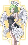  1girl angel_wings bare_shoulders black_dress breasts commentary_request covered_navel cowboy_shot dress feathered_wings green_hair grey_halo hair_intakes halo hand_on_own_hip highres korean_commentary looking_at_viewer low_wings medium_hair multicolored_hair multiple_wings short_dress sleeveless sleeveless_dress small_breasts solo spiked_halo stellive streaked_hair virtual_youtuber white_streaks white_wings wings y0_niii yuzuha_riko 