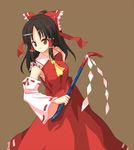  batsu black_hair crowbar detached_sleeves gohei hakurei_reimu ribbon sarashi solo touhou 